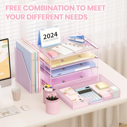 OPNICE Desk Organizer, 4-Tier Desktop File Organizer with Drawer and 2 Pen Holders, Office Desk Accessories, File Sorters, Workspace Organizers for Office Supplies(Pink) - color: Pink, size: 4-Tier