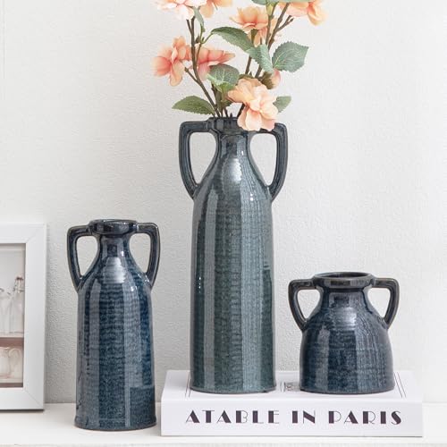 Ceramic Vase Set of 3 - Rustic Vases Set for Flower Centerpieces Pampas Grass - 3 Blue Bud Vase for Decor - Modern Decoration Terracotta Vases for Home Farmhouse Table Office, Mini Pottery Vase - color: 105-blue