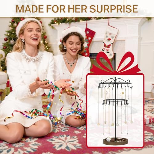 iDavosic.ly 2 Tier Rotating Necklace Holder Organizer with Wooden Jewelry Tray, Adjustable Metal Bracelet Display Stand with 42 Hooks, Extra Tall Keychain Spinning Tree Tower for Women, Black - color: Black with Wooden Tray
