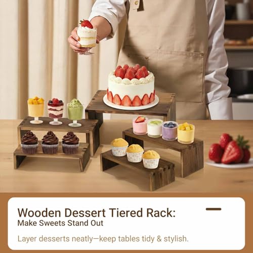 3-Tier Wood Display Riser 2 Set, Tiered Display Stand for Food, Kitchen, Desk & Party - Solid Pine Wooden Shelf & Organizer for Plants, Collectibles, Office (9.5/8.5/7.5 In)