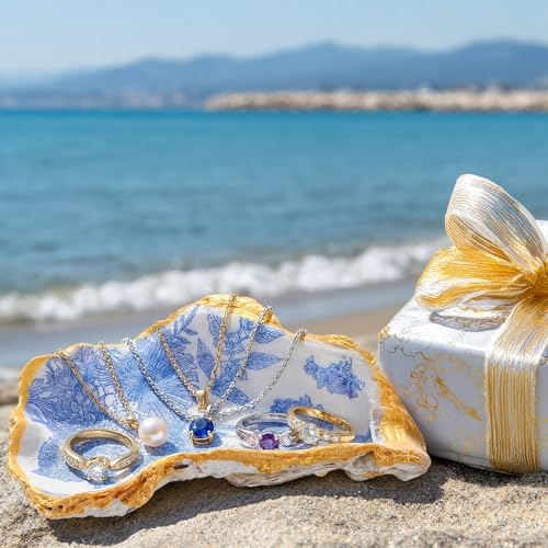 Natural Oyster Ring Trinket Dish Vintage Jewelry Tray for Keys Small Jewelry Holder for Bridal Shower Favors Friends Sisters Daughter Mother Gift Seaside Style Decor(Blue Floral) - style: Blue Floral