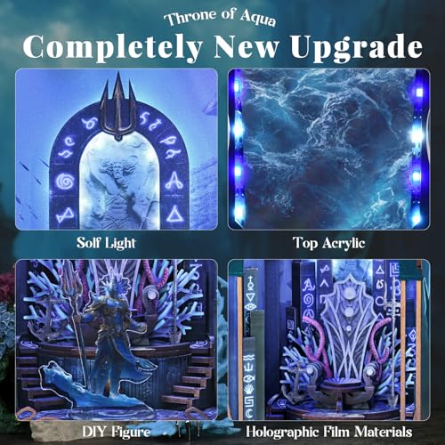 CCCDF Throne of Aqua DIY Book Nook Kit, Wooden Bookend with LED Light, 80 PCS Easy Miniature Dollhouse, Bookshelf Insert Decor with Bonus Ornament, Creative Craft Gift for Adults Teens - style: Throne of Aqua