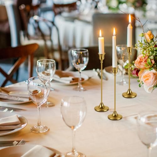 Brass Gold Candlestick Holders Set of 3, Metal Taper Candle Holders, Classic Decorative Candle Stick for Christmas, Wedding, Party, Dinner Tables,Home Décor - color: Brass Gold, size: 3PC