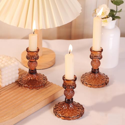 12Pcs Amber Candlestick Holders Set- 4" H Taper Candle Holders Bulk, Glass Candle Holders for Wedding, Party, Fall Dinner Table Centerpieces, Festival Gifts & Windowsill Decor - color: Amber Dimond Pattern