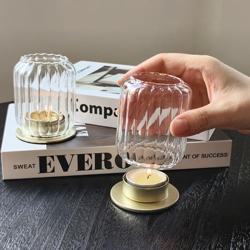 Vixdonos Glass Hurricane Tealight Candle Holder with Metal Candle Stand,Set of 3 Modern Windproof Votive Candle Holders for Wedding Party Table Centerpiece Outdoor,Clear - color: Clear