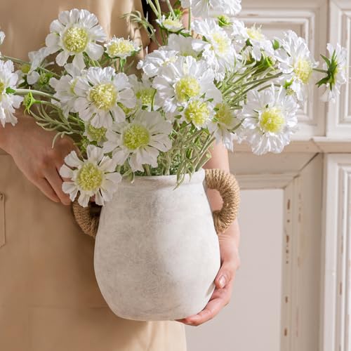 Ceramic Flower Vase Home Decor - White Rustic Table Flowers Vases Living Room Bedroom Plant Decoration Modern Farmhouse Vintage for Kitchen Shelf Office Coffee Dining Desk House (7.1" with Jute Rope) - color: 05-with Hemp Rope-7.1"