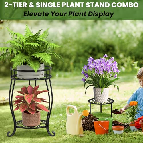 TOSKING 2-Tier & 9.1'' Single Metal Plant Stand Set – Single Stand with Adjustable Leveling Feet, Rustproof Heavy Duty Flower Pot Holder for Indoor/Outdoor, Stable Multiple Plant Rack for Balcony Garden Patio Living Room Bedroom, Black - size: 2Tier-19.5'