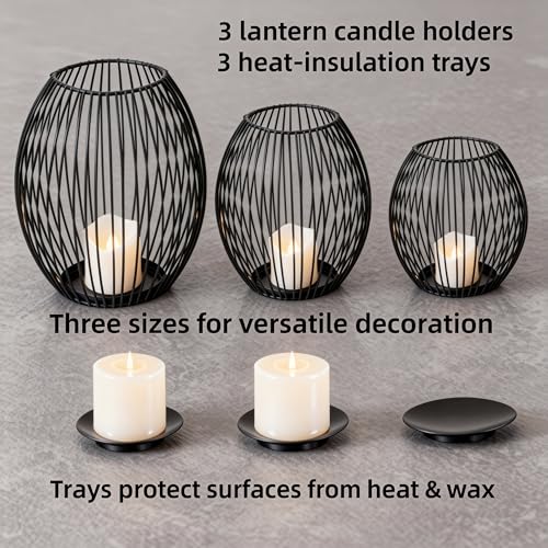 3-Piece Black Candle Holder Set – Modern Metal Wire Black Candlestick Holders for Pillar Candles, Decorative Round Cage Candle Lanterns for Table, Shelf, or Home Décor