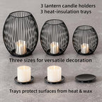 3-Piece Black Candle Holder Set – Modern Metal Wire Black Candlestick Holders for Pillar Candles, Decorative Round Cage Candle Lanterns for Table, Shelf, or Home Décor