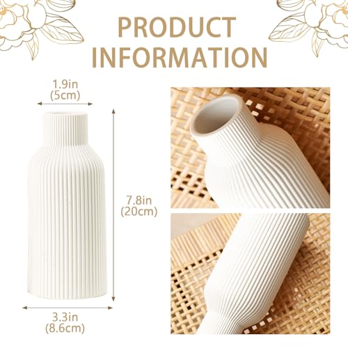 Bohemian White Ceramic Vase - for Pampas Grass, Mantel, Bookshelf, Entryway and Living Room Decor (White, 8in) - color: White, size: 8in
