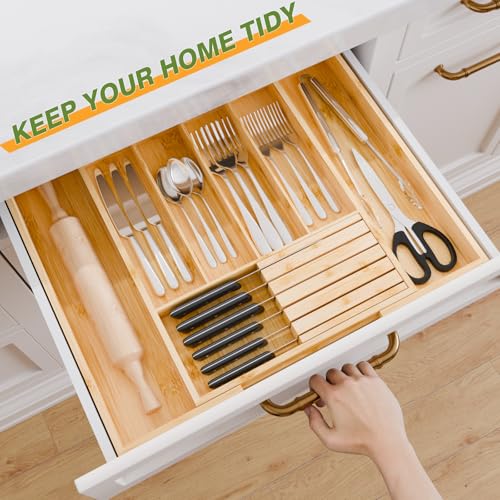 Bamboo Kitchen Silverware Drawer Organizer - Expandable Wood Utensil Holder with Dividers, Luxury Cutlery Storage Tray for Kitchen Utensil and Flatware (5-7 Slots with Removable Knife Block, Natural) - color: Natural
