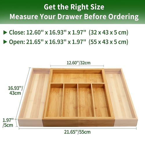 VaeFae Premium Bamboo Drawer Organizer, Expandable Silverware Drawer Organizer, Cutlery Tray with Dividers for Kitchen Utensils (Natural, Large) - color: Natural, size: Large