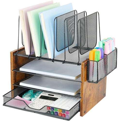 OPNICE Desk Organizer, 4-Tier Desktop File Organizer with Drawer and 2 Pen Holders, Office Desk Accessories, Workspace Organizers for Office Supplies(Brown Wood) - color: Brown Wood, size: 4-Tier Upgrade