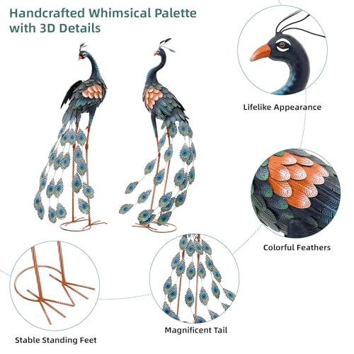 36" Oversized Peacock Decor Set of 2, Hand-Painted Metal Yard Art, Weatherproof Outdoor Garden Statues & Sculptures for Lawn, Flower Beds, Patio, Backyard or Indoor Kitchen & Home Decor - color: 36" -Retro Blue Peacock