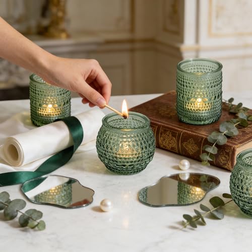 Rubtlamp 24Pack Green Votive & Tea Light Candle Holders with Dot Design, Glass Candle Holder for Table Centerpiece, Wedding, Baby Shower, Home Decorations - color: Green