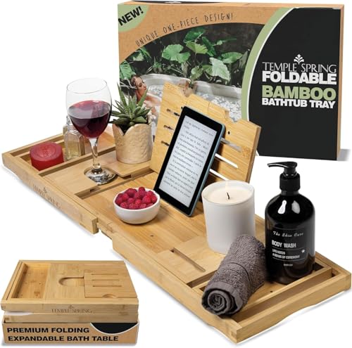 Temple Spring Foldable Bamboo Bathtub Tray Caddy for Tub — Expandable One-Piece Wood Bath Table with Wine Holder Book Stand and Non-Slip Pads — Space-Saving Bath Caddy — Housewarming - color: Foldable Wood Bamboo