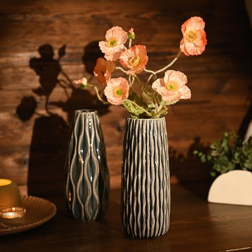 VICTOR & TERESA Ceramic Vase for Flowers, 10'' Set of 2 Decorative Blue Vases for Home Decor, Farmhouse Vases for Pampas Grass, Table, Mantel, Living Room, Shelf, Centerpieces, Gifts for Mom - color: Blue, size: Large