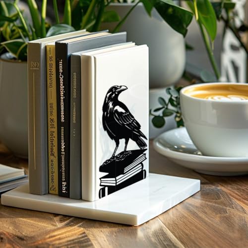 Peacoblue Metal Bookends for Shelves, Modern Decorative Heavy Duty Study Book Support Stoppers for Office, Desk, Shelf, Room 5.3"x4.3"x7.9" Cast Iron Simple Tall Bookends, 1 Pair (Crow on Book Stack) - style: Crow on Book Stack
