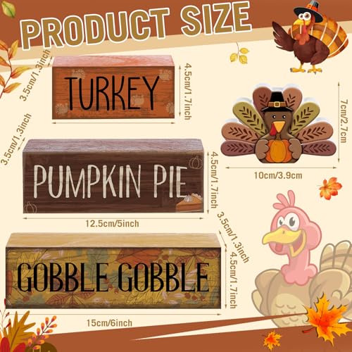 Lineshading 4 Pcs Thanksgiving Decorations for Home Wooden Turkey Decor Fall Tiered Tray Decor Thanksgiving Table Centerpiece Rustic Wooden Turkey Block Sign for Autumn Harvest Party Kitchen Shelf - style: Classic Turkey