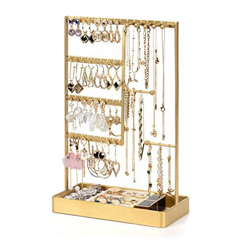 Jewelry Organizer, 4-Tier Earring Holder Organizer with Metal Tray, Jewelry Holder Stand for Necklaces Stud Earrings Bracelets and Rings, Earring Organizer (Gold) - color: Gold