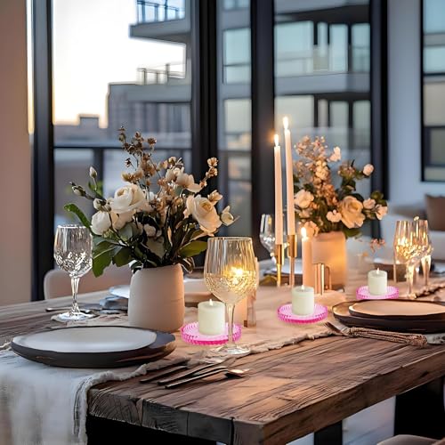 3.8 Inch Pink Glass Pillar Candle Holder Plates Set of 4 Coaster Holder Round Candle Stand for Table Centerpieces, Wedding,Party,and Home Decor - color: Pink