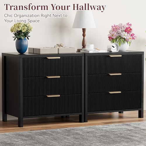 Fluted Nightstand, 23.7'' Wide Night Stand with 3 Drawers, Mid-Century Modern Bedside Table with Handles, Wood End Table for Bedroom, Black - color: Black