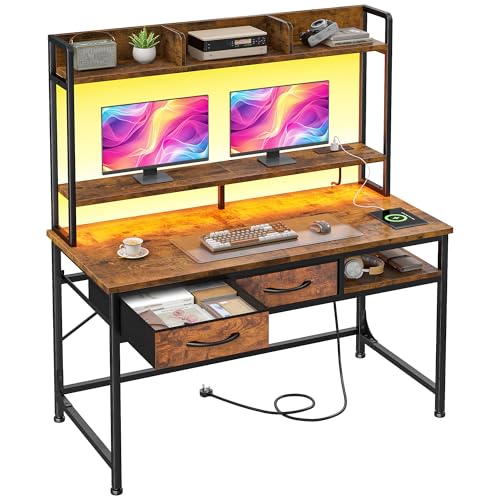 39.4"Office Desk with 2Drawers&Hutch,Computer Desk with Storage Rack&Monitor Stand,Gaming desk with LED&Power Outlet,Modern Study Writing Desk for Bedroom Home Office,Small Space,Rustic Brown - color: Brown, size: 18.9"D x 39.4"W x 61.1"H