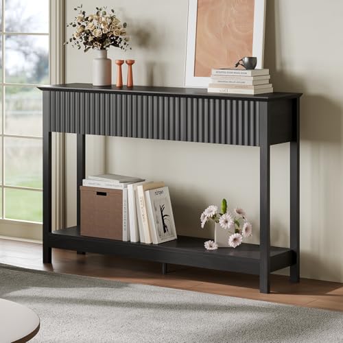 Treocho 47" Fluted Console Table with 3 Drawers, Narrow Long Entryway Table with Storage and Shelf, 2-Tier Sofa Table Behind Couch Accent Tables for Entrance Foyer, Hallway, Living Room, Black - color: Black