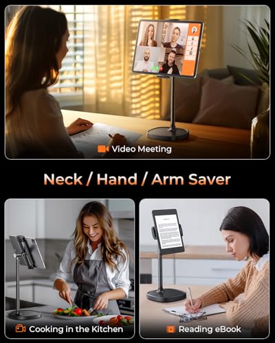 DIMONCOAT Height Adjustable Tablet Stand for Desk, Tablet Holder 360° Rotation: Desktop Tablet Accessories for 4.7-10" Like iPad Pro, Air Mini, Kindle, E-Reader, iPhone 17 Pro Max - color: BLACK - 6X STABLE WEIGHTED BASE, size: For 4-10 Inch