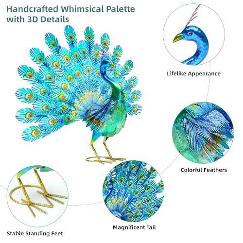 27.5" Metal Peacock Garden Statue with Tail Spread, Handmade 3D Textured Peacock Garden Sculptures Metal Yard Art for Patio, Garden or Entryway - color: 27.5"h-glossy Green Peacock