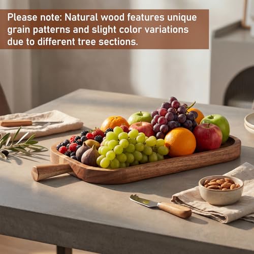 Acacia Wood Serving Board with Handle Rectangular Charcuterie Tray Acacia Dinner Platter with Natural Grain Finish Mom Gift for Food Meat Bread Appetizer Snack(16''l X 7.65''w X 1.25''d) - size: 16" x 7.7" x 1.3"