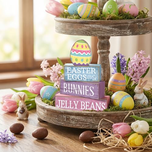 Lineshading 4 Pcs Easter Table Decoration Wooden Pastel Egg - No Assembly Required Reusable Happy Easter Tiered Tray Decor, Perfect for Home Kitchen Shelf Party Farmhouse Centerpieces & Holy Week Gift - style: Easter Egg