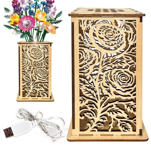 Rose Wooden Vase for Lego Flowers,Display Stand for Lego botanicals,Elegant Rose-Style Hollow Pattern Vase for Flower Lovers (Wood) - color: Wood-rose