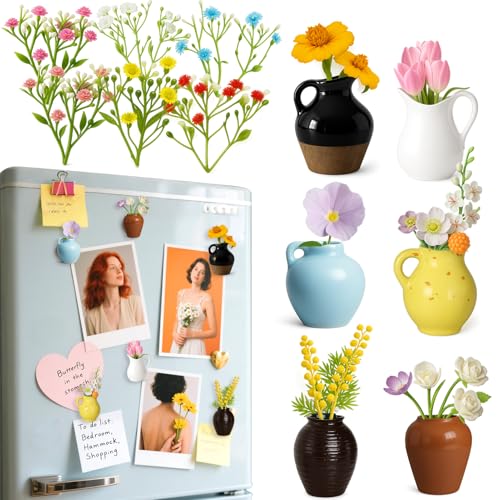 6Pcs Mini Vase Magnets for Fridge - 3D Plant Ceramic Vase Magnets with Flowers, Tiny Cute Magnetic Vases for Refrigerator Kitchen Locker Office Decoration