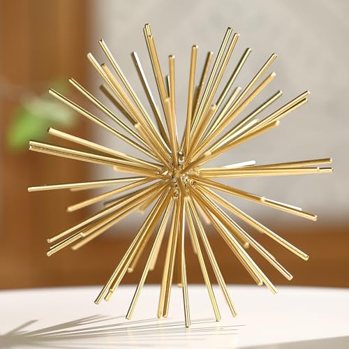 Metal Decorative Starburst Ball, 6 Inch Gold Sphere Decor, Spiky Star Burst Tabletop Sculpture, Mid-Century Modern Metal Spike Ball for Home, Living Room, Office & Shelf Decor - color: Gold-starburst-6"