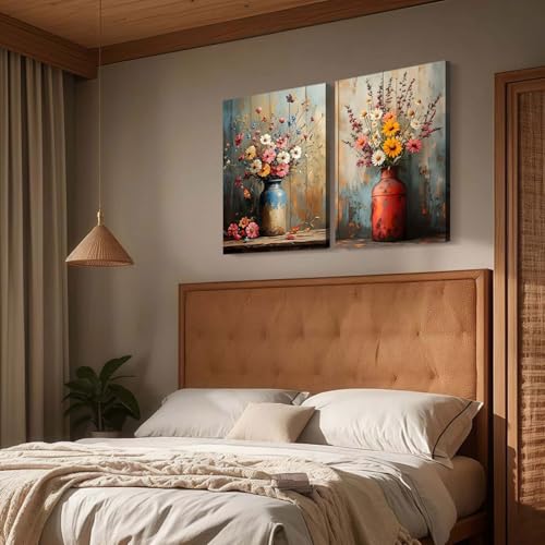2pcs Framed Canvas Painting Wildflowers Vintage Floral Vase Butterfly Wall Decor For Living Room Bedroom Studio Hallway Country Farmhouse Style Wall Art Poster Ready To Hang 12x16 Inch - color: Yellow White, size: 12"x16"
