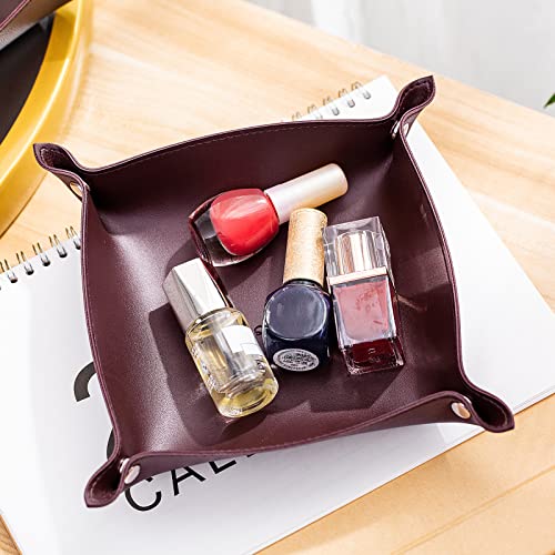 SANQIANWAN Leather Jewelry Valet Tray for Women and Man, Portable Entryway Table Tray Bedside Nightstand Desk Tray Small Catchall Travel Dish Plate for Key,Wallet,Watch,Coin(8x8, Deep Brown-B) - color: Deep Brown-b, size: 8×8