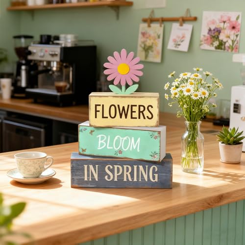 Spring Decoration Wooden Tiered Tray Decor – Daisy Flower Spring Stacked Block Sign – Farmhouse Tabletop Floral Spring Decor for Shelf Mantel Seasonal Home Display - style: Floral