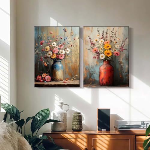 2pcs Framed Canvas Painting Wildflowers Vintage Floral Vase Butterfly Wall Decor For Living Room Bedroom Studio Hallway Country Farmhouse Style Wall Art Poster Ready To Hang 12x16 Inch - color: Yellow White, size: 12"x16"
