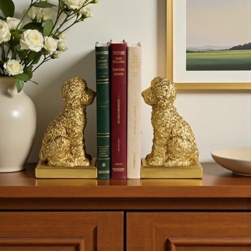 Poodle Decorative Bookends for Shelves, Dog Book Ends for Heavy Books, Toy Poodle Statues Bookends for Heavy Books with Anti-Slip Base Book Holders for Home Office Decor (Gold)