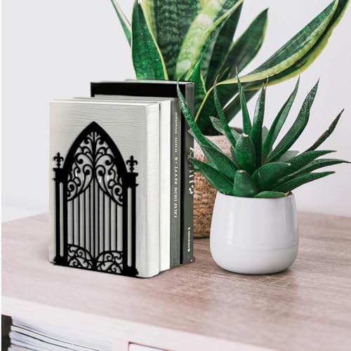 Peacoblue Metal Bookends for Shelves, Modern Decorative Heavy Duty Study Book Support Stoppers for Office, Desk, Shelf, Room 5.3"x4.3"x7.3" Cast Iron Simple Tall Bookends, 1 Pair (Gothic Gate) - style: Gothic Gate