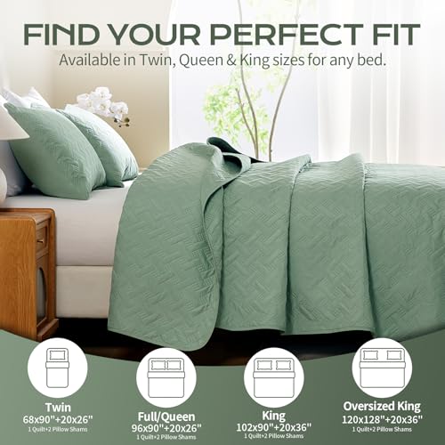 JYHOPE Sage Green Twin Quilt Set 68x90 Lightweight Microfabric Bedspread, 3-Piece Quilt Bedding with Pillow Shams, Summer Cooling Quilts, Ribbon Wrapped Gift - color: Weave Pattern-sage Green, size: Twin(68x90)