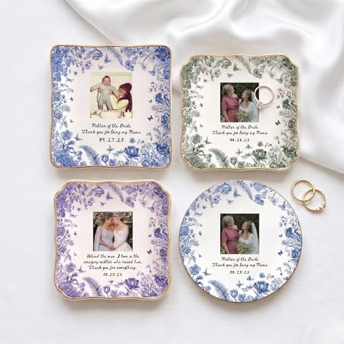 NAZENTI Custom Photo Jewelry Dish Mother of the Groom Bride Wedding Keepsake Tray Personalized Porcelain Ring Holder for Mom Birthday Anniversary Present Engagement Ceremony Decorations Memento Plate - color: Design 01