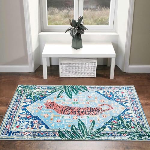 Tropical Jungle Rugs, 2x3 Faux Wool Botanical Boho Throw Rugs for Bathroom Kitchen Small Indoor Entryway Rug Modern Vintage Distressed Hippie Indian Accent Floor Mat Non-Slip Washable - color: Blue, size: 2' x 3'