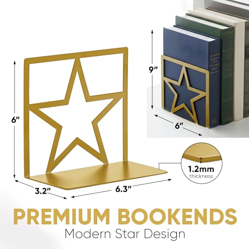 GEOMOD Gold Star Metal Bookends Heavy Duty for Desk & Shelves, Non-Slip Metal Bookends for Bookshelf End Holders, Modern Decorative Book Ends Gold, Book Holder for Office, Study & Home Library 2 Pairs - color: Gold, size: 2 Pairs, style: Star