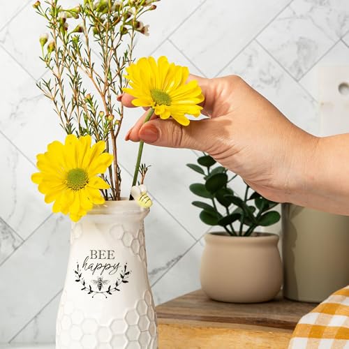 Young's Inc. Ceramic Flower Vase (Bee Happy) - White Ceramic Vase - Honeycomb Decor - 3" L x 3" W x 8" H Contains one Flower vase - color: Vase ("Bee Happy")