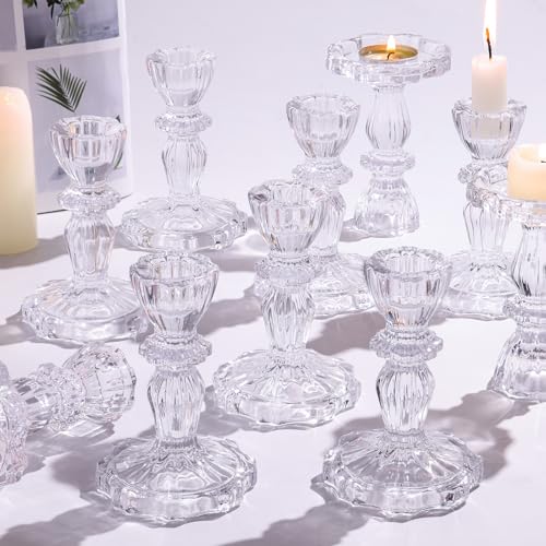 12pcs Taper Candle Holders, Candlestick Holders, Glass Candle Holder - Vintage Flower Design Candle Holders for Wedding & Home Table Decoration, Christmas Decor (Clear) - color: Clear