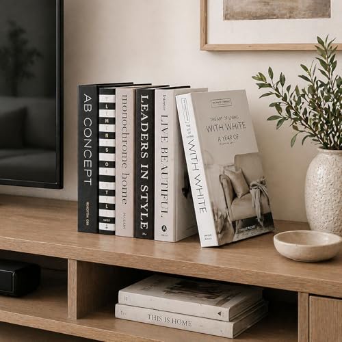 Decorative Books Set of 6 – Faux Books for Home Decor, Coffee Table Decor Books, Fake Books for Decoration, Bookshelf Styling & Living Room Decor, Stacked Book Decor - color: Ad