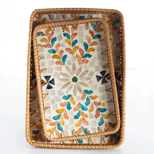 Mother of Pearl Inlay Rattan Serving Tray with Wooden Base Handmade Wicker Platter for Coffee Table Decor Coastal Home Decor Boho Style Food Display or Gift-Rectangle