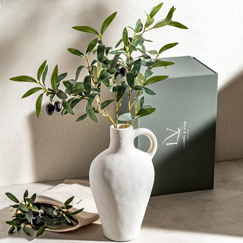 Luxurious Gift Set Textured Ceramic Vase 10 Inch with Olive Branches 22 Inch Tall White Medium Vase Artificial Topiaries Fake Plants, Minimalist Shelf Decor, Neutral Home Office High End Gifting Decor - color: White